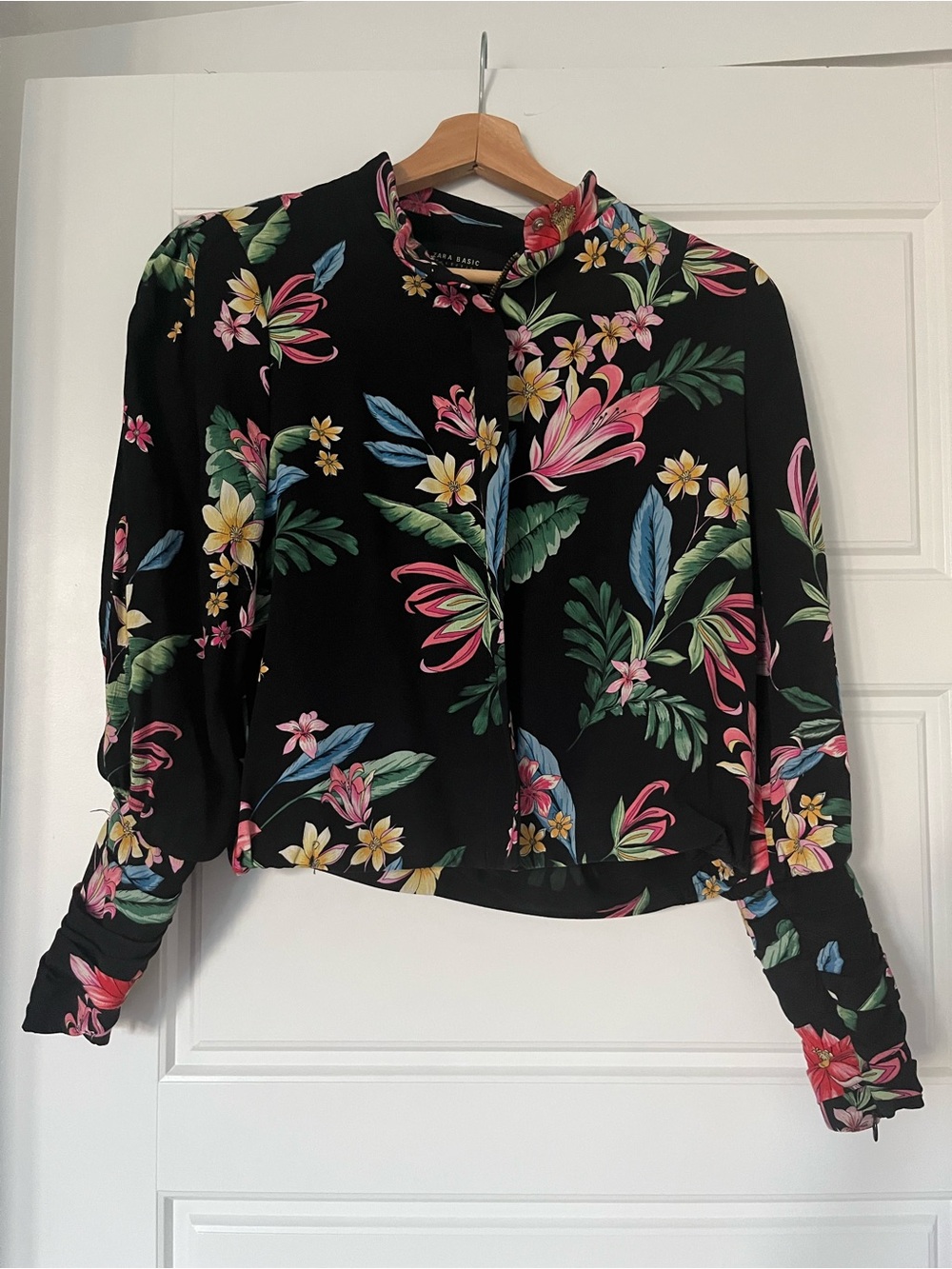 Zara Black Floral Cropped Blazer with Pink & Yellow Accents, Small